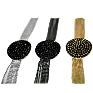 FINE BLACK DIAMOND CRYSTAL RHINESTONES PAVE ROUND CENTER ON MULTI-BEADS LINK CHAIN STRANDS BRACELET 700B720