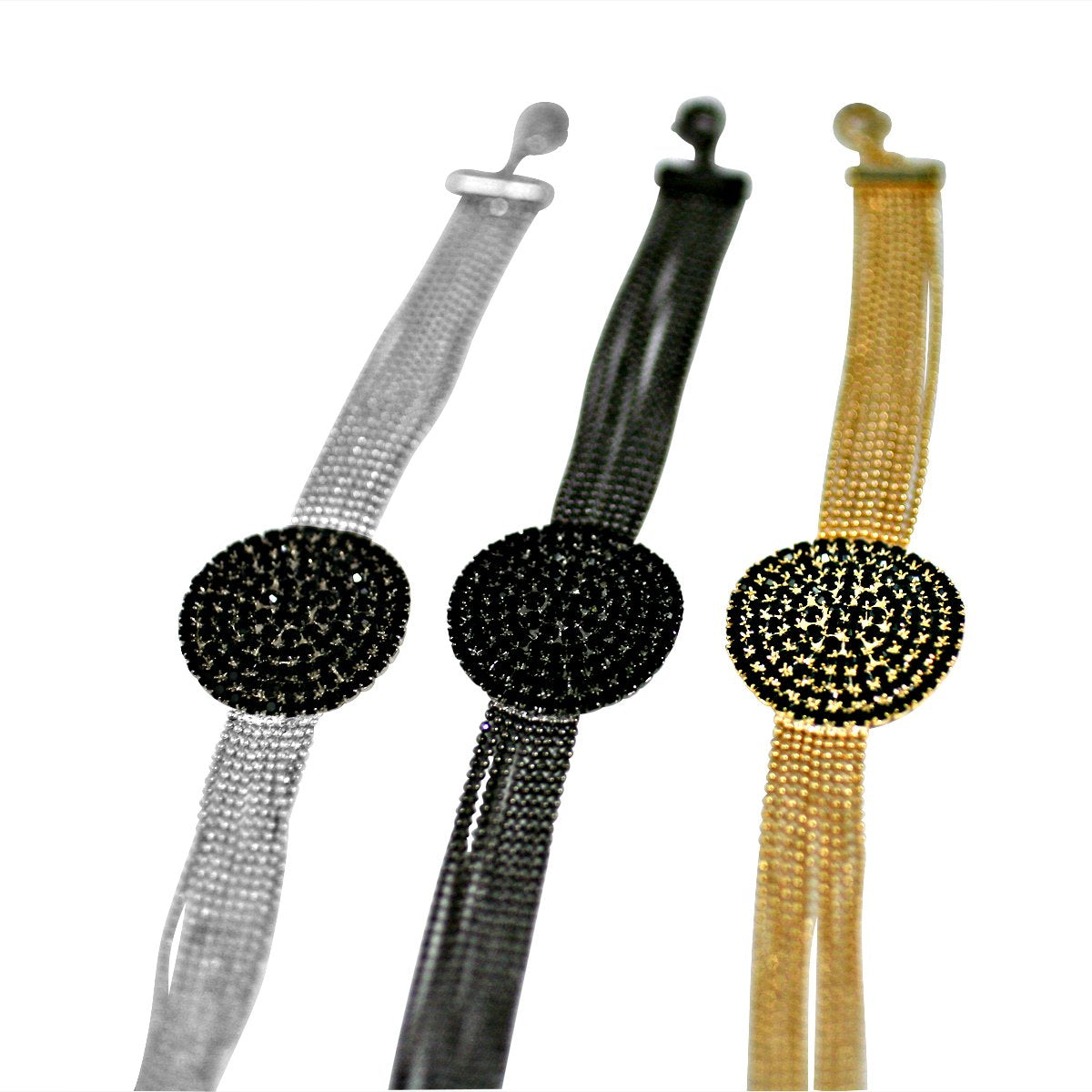 FINE BLACK DIAMOND CRYSTAL RHINESTONES PAVE ROUND CENTER ON MULTI-BEADS LINK CHAIN STRANDS BRACELET 700B720