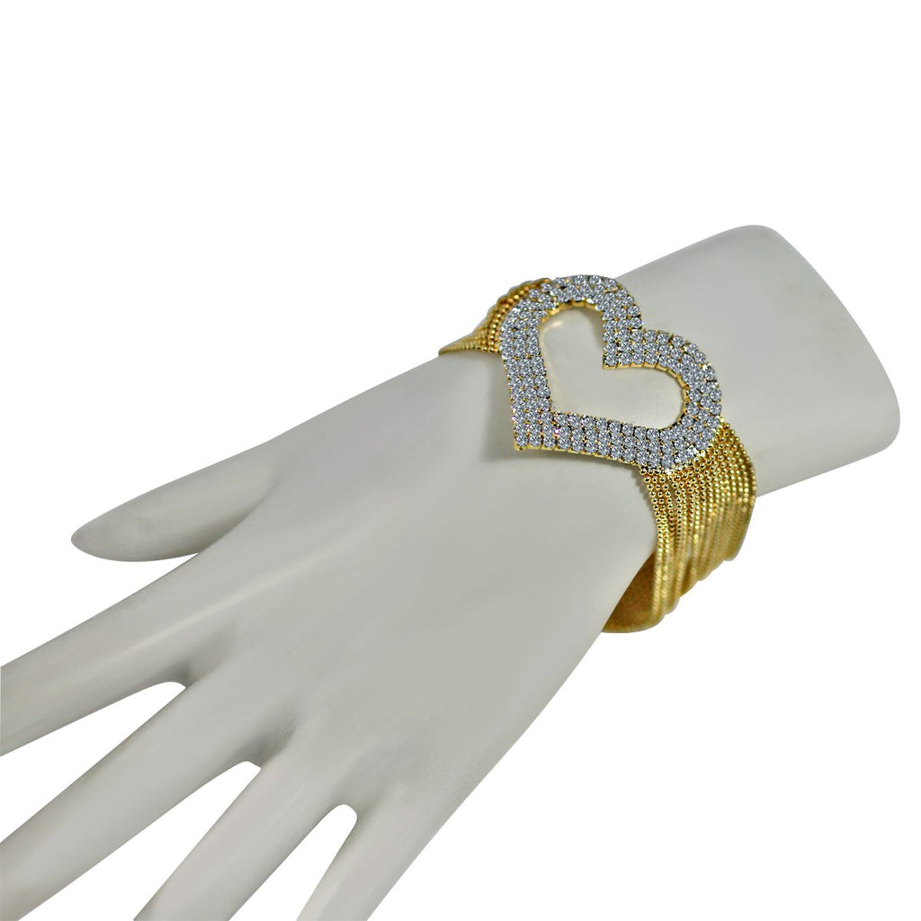 FINE CRYSTAL RHINESTONES PAVE HEART CENTER ON MULTI-BEADS LINK CHAIN STRANDS BRACELET