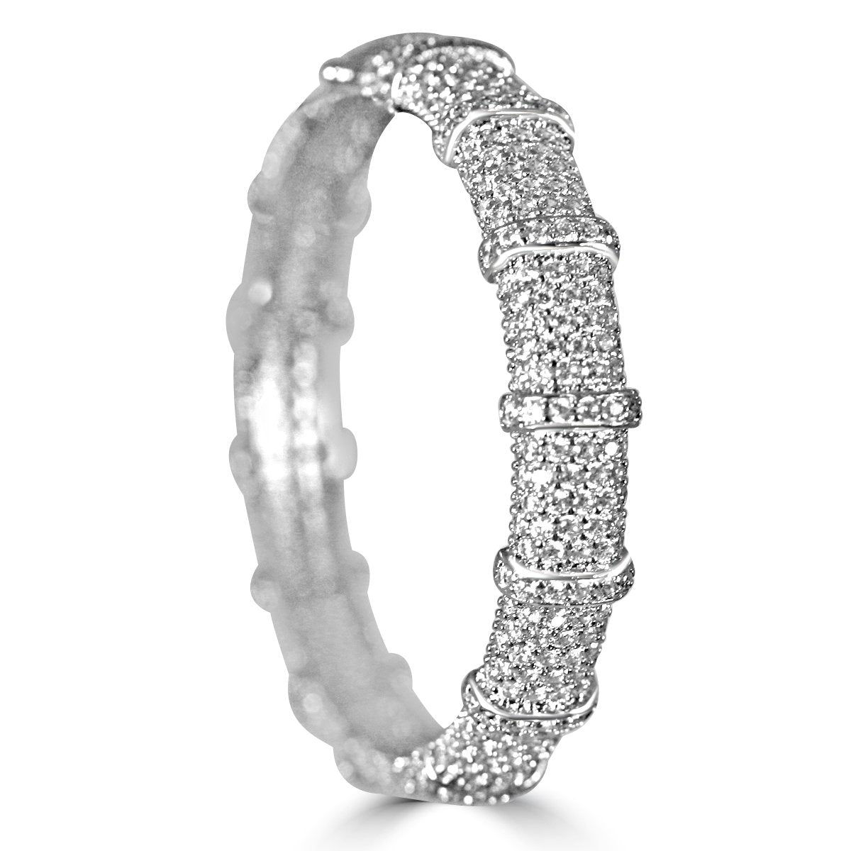 The zirconmania Bracelet Face-off line Stations wide fine Cubic Zirconia Set Hinged Bangle 698B100 features rows of clear cubic zirconia divided by polished silver bands, displayed upright against a plain white background.