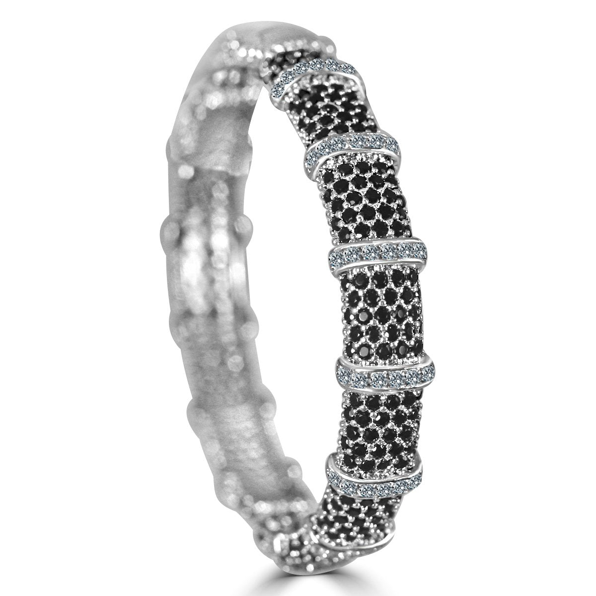 The zirconmania Bracelet Face-off line Stations wide fine Cubic Zirconia Set Hinged Bangle 698B100 features rows of small black stones and multiple bands of clear gems for a bold, patterned luxury look.