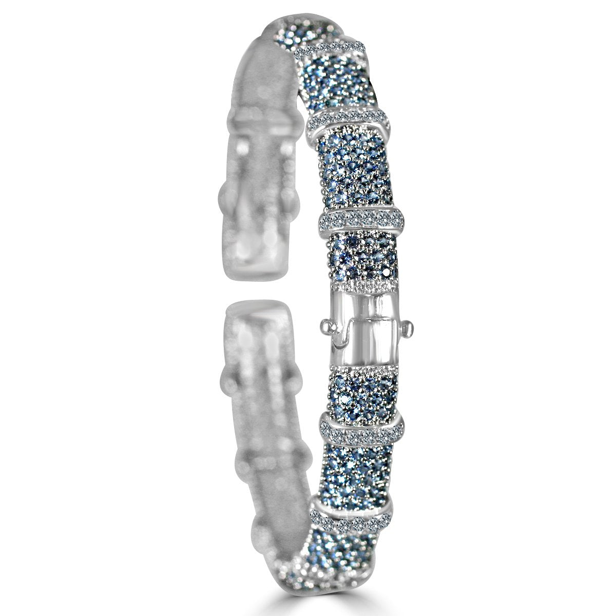 The zirconmania Bracelet Face-off line Stations wide fine Cubic Zirconia Set Hinged Bangle 698B100 features segmented sections with clusters of blue and white sparkling stones and a secure hinged clasp.