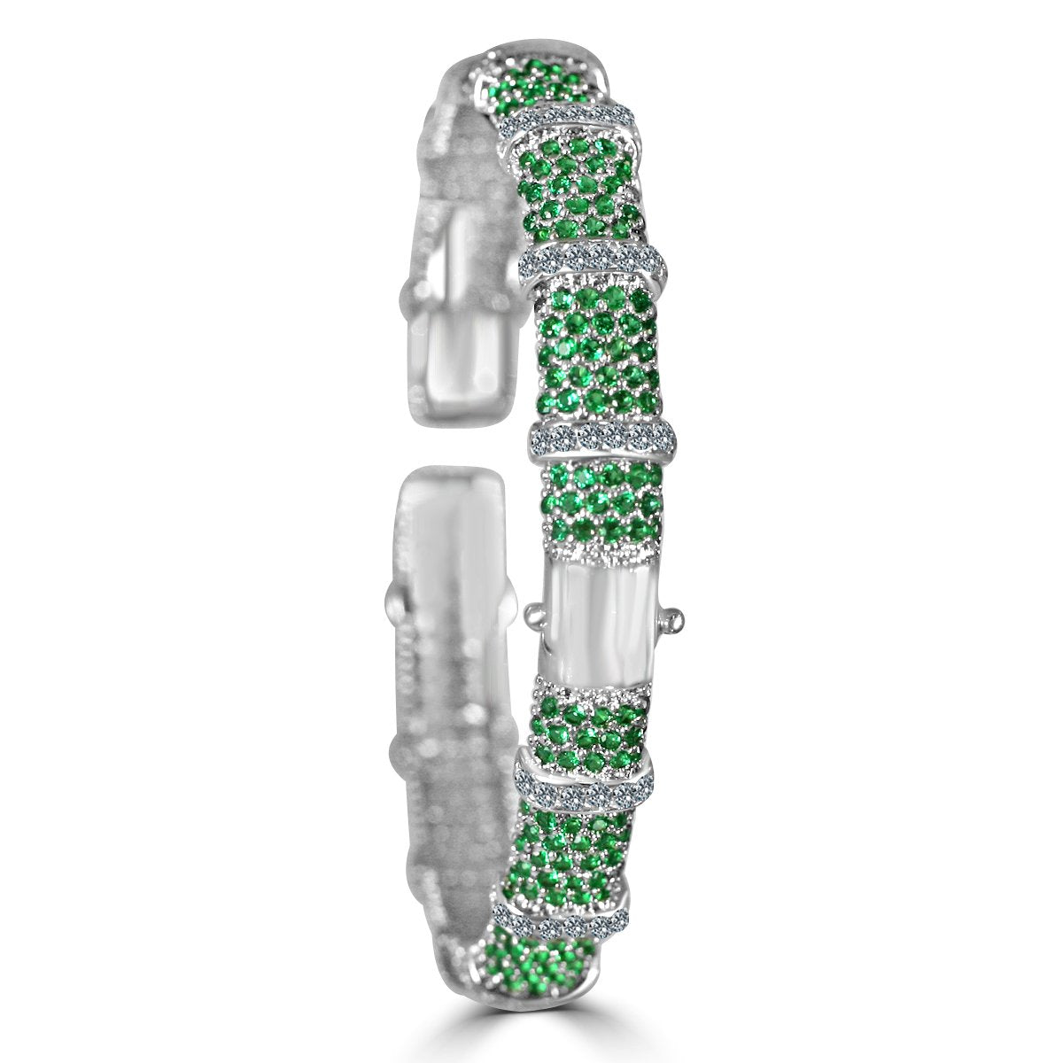 The zirconmania Bracelet Face-off line Stations wide fine Cubic Zirconia Set Hinged Bangle 698B100 showcases alternating rows of green stones and sparkling cubic zirconia, creating an eye-catching striped design around the wrist.