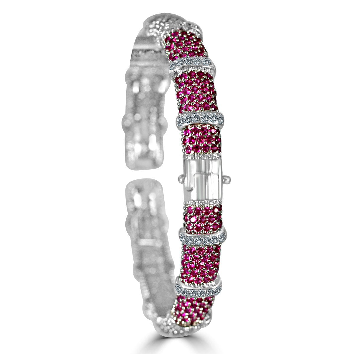 The zirconmania Bracelet Face-off line Stations wide fine Cubic Zirconia Set Hinged Bangle 698B100 features alternating bands of red stones and sparkling white cubic zirconia, displayed upright on a white background.