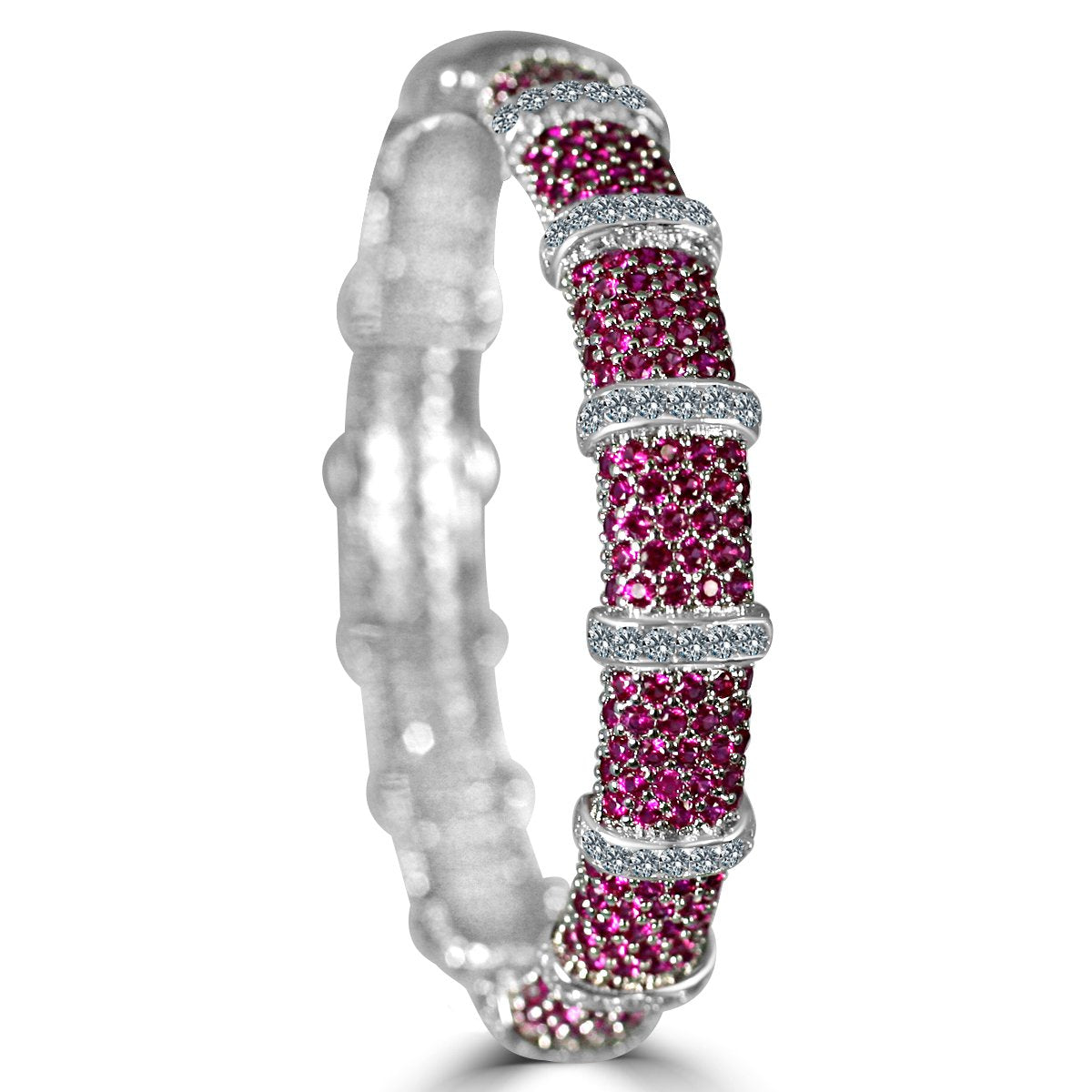 The zirconmania Bracelet Face-off line Stations wide fine Cubic Zirconia Set Hinged Bangle 698B100 features rows of sparkling cubic zirconia separated by sleek bands, forming a stylish segmented pattern around the wrist.