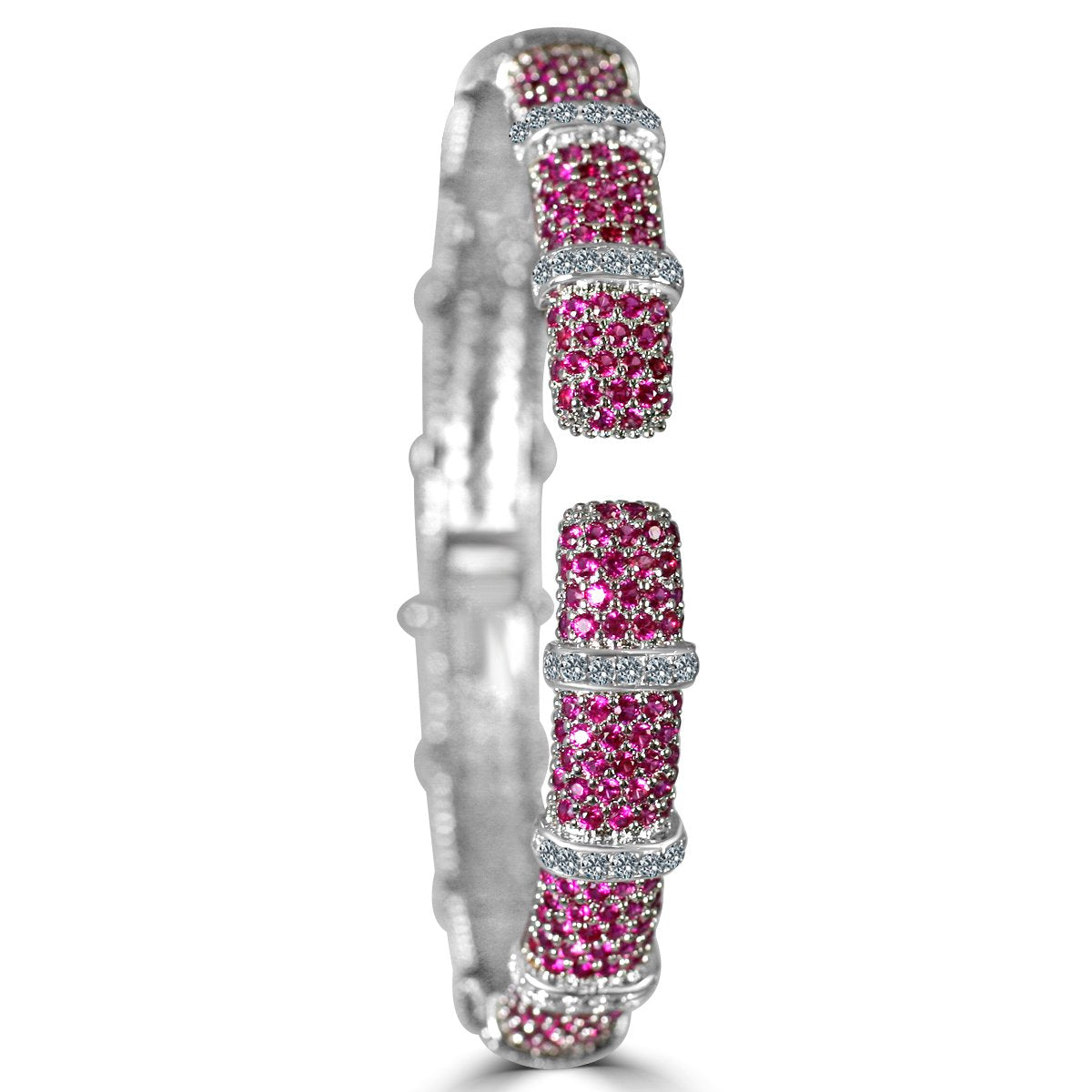 The zirconmania Bracelet Face-off line Stations wide fine Cubic Zirconia Set Hinged Bangle 698B100 features clusters of round pink stones and five sections of sparkling clear zirconia, creating a luxurious and elegant pattern.