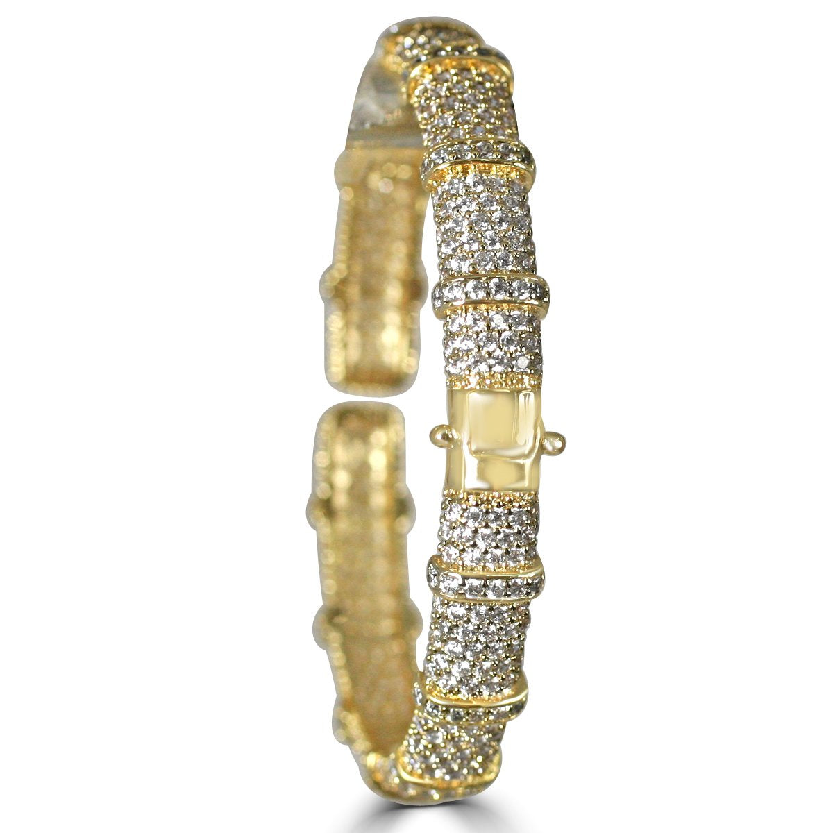 The zirconmania Bracelet Face-off line Stations wide fine Cubic Zirconia Set Hinged Bangle 698B100 features a secure clasp and textured, segmented design with rows of sparkling cubic zirconia stones.