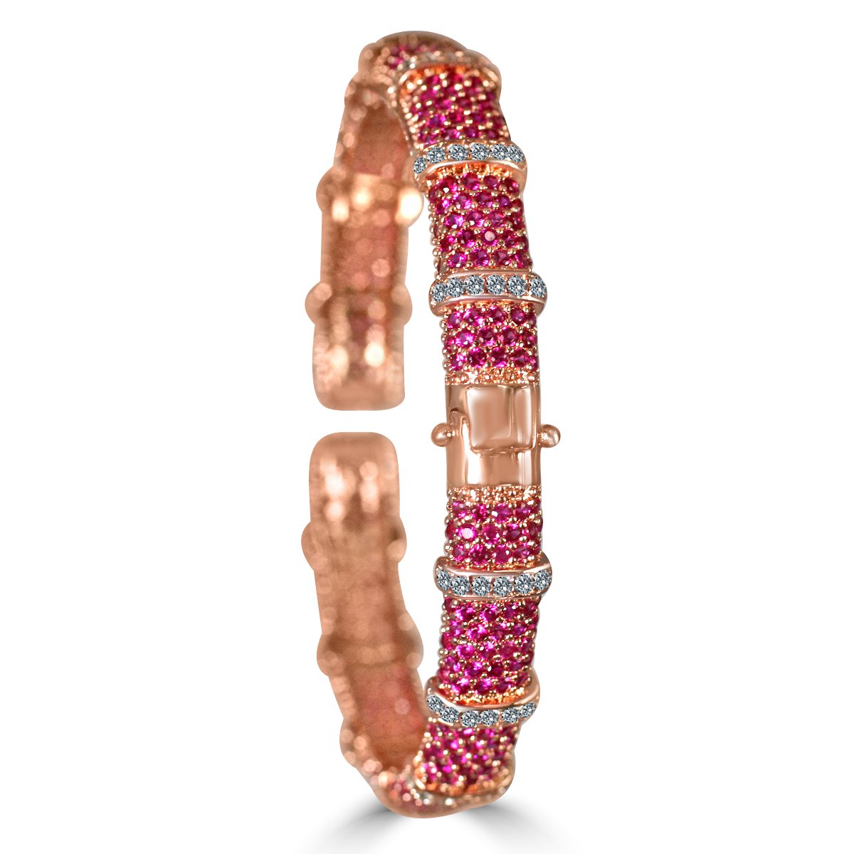 The zirconmania Bracelet Face-off line Stations wide fine Cubic Zirconia Set Hinged Bangle 698B100 features a rose gold finish, pink gemstone rows, clear zirconite accents, and a central clasp.
