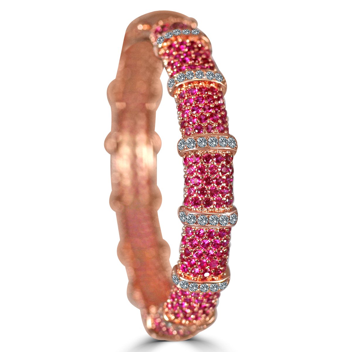 The zirconmania Bracelet Face-off line Stations wide fine Cubic Zirconia Set Hinged Bangle 698B100 features rose gold plating, rows of pink stones separated by sparkling white cubic zirconia, and a textured inner surface.