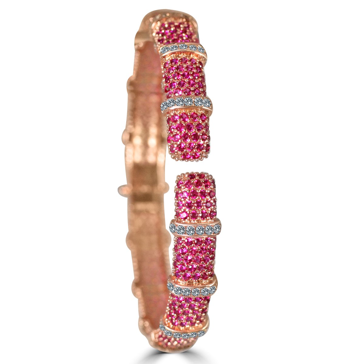 The zirconmania Bracelet Face-off line Stations wide fine Cubic Zirconia Set Hinged Bangle 698B100 features rows of vibrant pink gemstones, clear sparkling stones, and a shiny textured rose gold finish for added elegance.