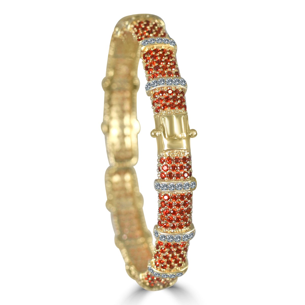 The zirconmania Bracelet Face-off line Stations wide fine Cubic Zirconia Set Hinged Bangle 698B100 features a textured red pattern, bands of sparkling white stones, and a rectangular center clasp.