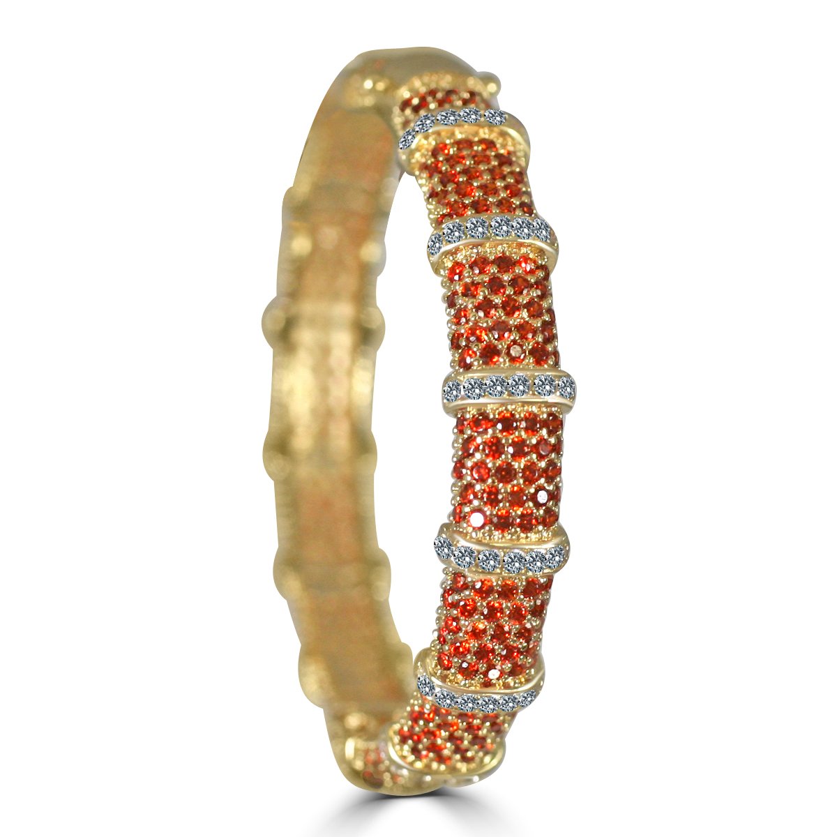 The zirconmania Bracelet Face-off Line Stations Wide Fine Cubic Zirconia Set Hinged Bangle 698B100 features rows of small red stones alternating with clear cubic zirconia for a segmented, textured design around the gold bangle.