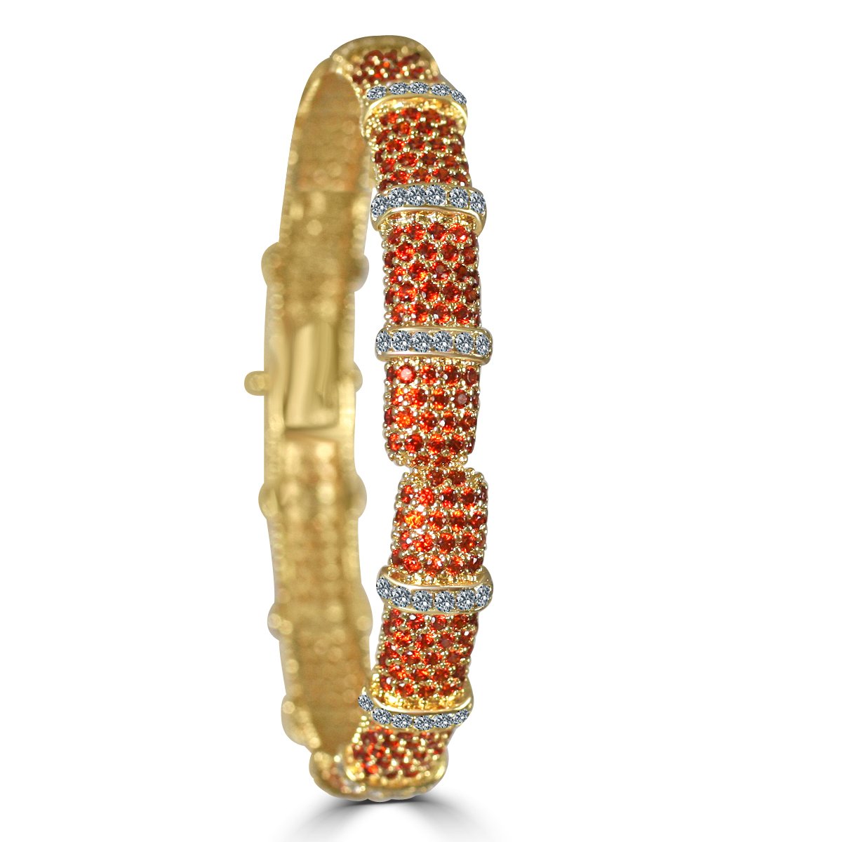 The zirconmania Bracelet Face-off line Stations wide fine Cubic Zirconia Set Hinged Bangle 698B100 features segments of small red stones and sparkling white zirconite for an ornate, eye-catching look.