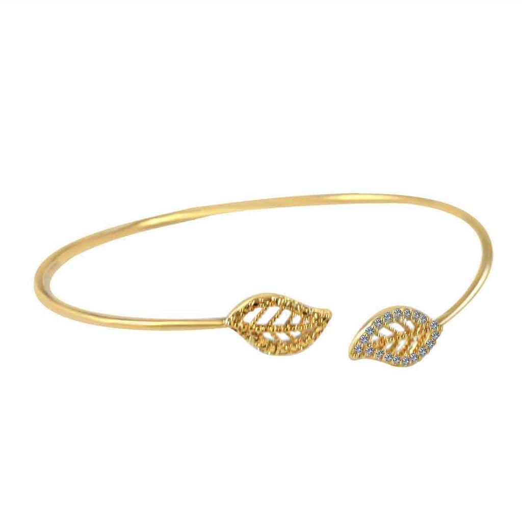 The zirconmania Fine Open end Pave Leaf Bangle Cubic Zirconia (702B1202) features two leaf-shaped ends—one with pave cubic zirconia, the other with gold detailing—for a delicate, sophisticated look.