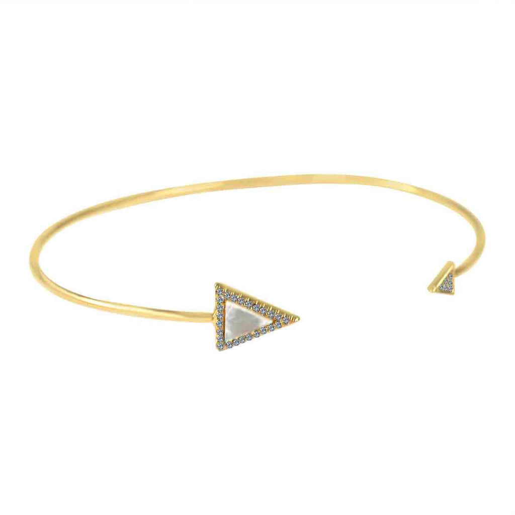 The zirconmania Bracelet Fine Open End MOP Bangle 702B1205 features two triangle-shaped accents, one larger and one smaller, both bordered with sparkling cubic zirconia stones.