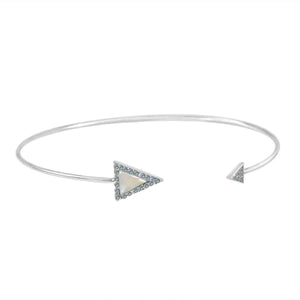 The zirconmania Fine Open End Mop Bangle Set (702B1205) features two triangular ends—one larger, one smaller—embellished with Zirconite Cubic Zirconia gemstones and a central white inlay for a chic, minimalist look.