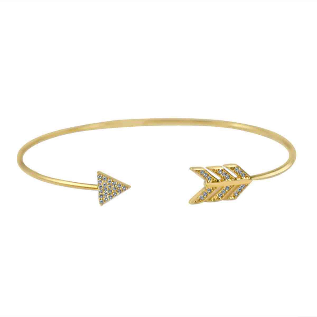 The zirconmania Bracelet Fine Open End Pave Bangle 702B209 features a modern arrow design with a pointed head and fletched tail, both adorned with sparkling cubic zirconia gemstones.