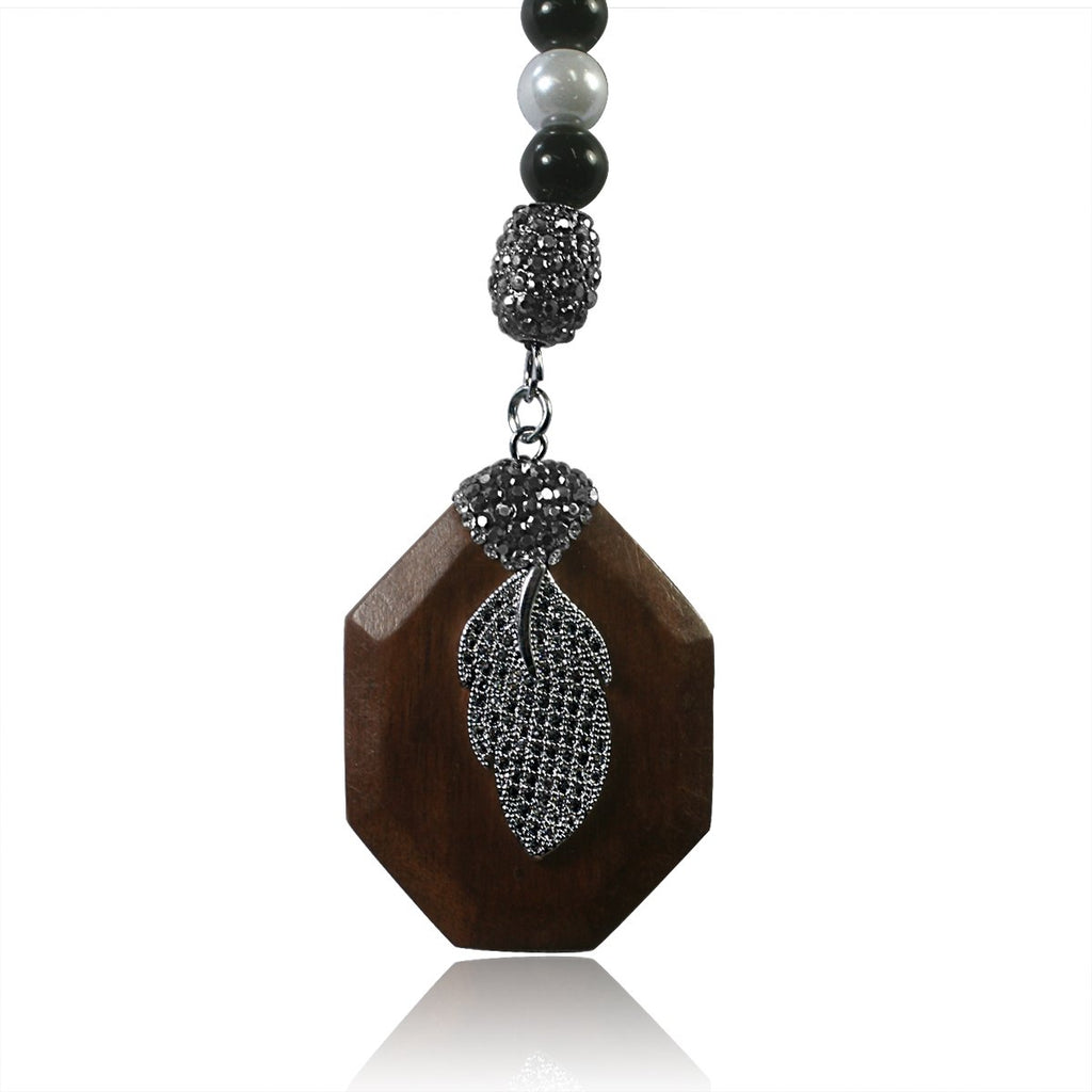 40" long Rosary style BK&white Pearl beads necklace w/Jeweled wood, enhanced w/Leaf BK Pave fine  Necklace 696N502