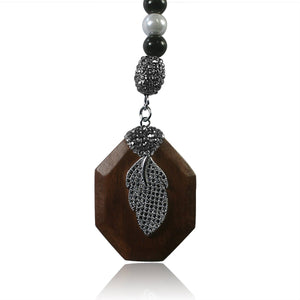 40" long Rosary style BK&white Pearl beads necklace w/Jeweled wood, enhanced w/Leaf BK Pave fine  Necklace 696N502