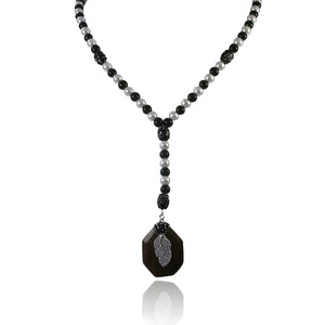 40" long Rosary style BK&white Pearl beads necklace w/Jeweled wood, enhanced w/Leaf BK Pave fine  Necklace 696N502