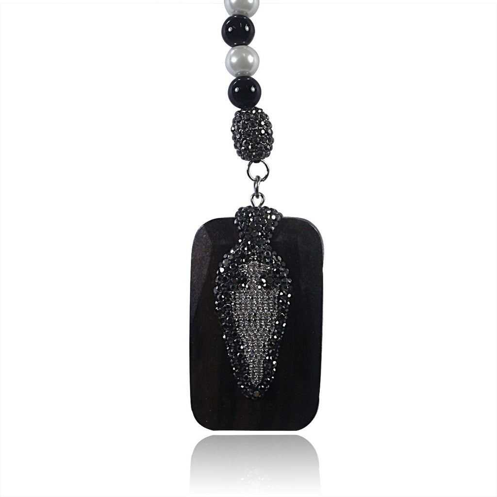 40" long Rosary style BK&white Pearl beads necklace w/Jeweled wood, enhanced w/Speer head BK Pave fine Necklace 696N506