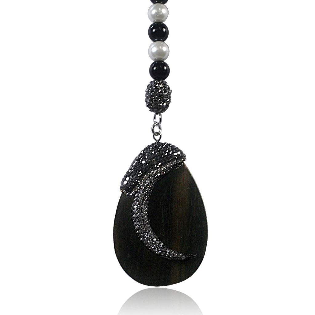 40" long Rosary style BK&white Pearl beads necklace w/Jeweled wood, enhanced w/1/2 Moon BK Pave fine Necklace 696N504