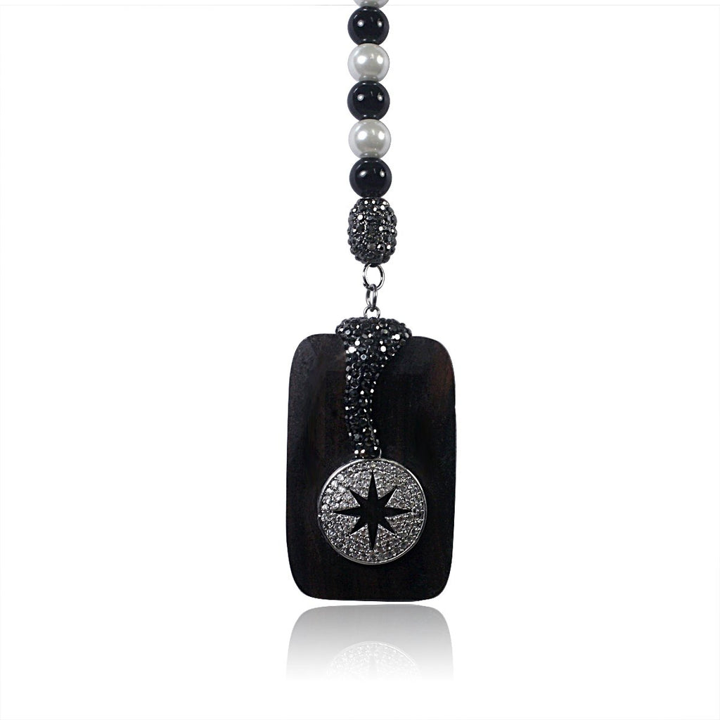 40" long Rosary style BK&white Pearl beads necklace w/Jeweled wood, enhanced w/Circle Star BK Pave fine Necklace 696N507