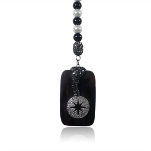 40" long Rosary style BK&white Pearl beads necklace w/Jeweled wood, enhanced w/Circle Star BK Pave fine Necklace 696N507