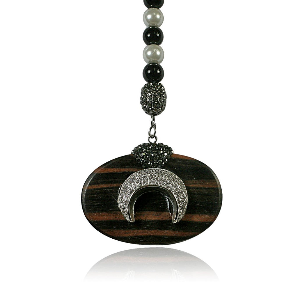 40" long Rosary style BK&white Pearl beads necklace w/Jeweled wood, enhanced w/Horn BK Pave fine Zirconite Cubic Zirconia Necklace 696N505