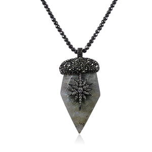 30" Long Hematite Beads Necklace w/ Labradorite Pendant Drop 696P405