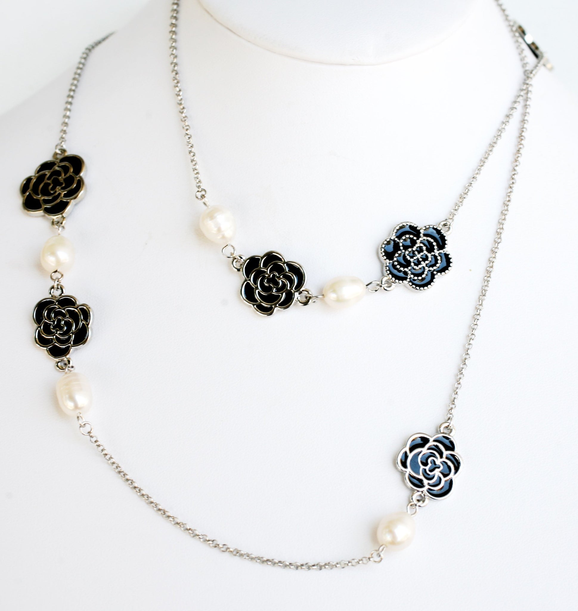 Classic Enamel Rose Flowers and Mother of Pearl (Shell) Stations Necklace Gold Electroplated 36" Chain