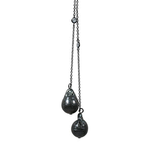Zirconmania - Zirconite by the Yard Lariat Finished with Two Extra Large Genuine Baroque, Fresh Water Pearls Necklace, Lariat Black Chain with Black Pearls - BZBYX36P