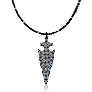 Large micro-pave "Arrow" Center with 2mm Hematite Beads chocker Gunmetal plate necklace