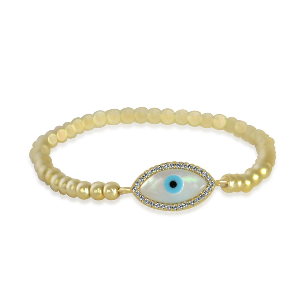 4mm Steel Beads abalone Shell Eye stretch Bracelet set w/fine Zirconite Cubic Zirconia