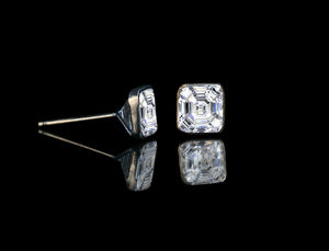 Slender wire Bezel Settings 1 CT TW (5x5mm) Asscher cut Zirconite cubic Zirconia Studs earrings Sterling Silver Rhodium Electroplate
