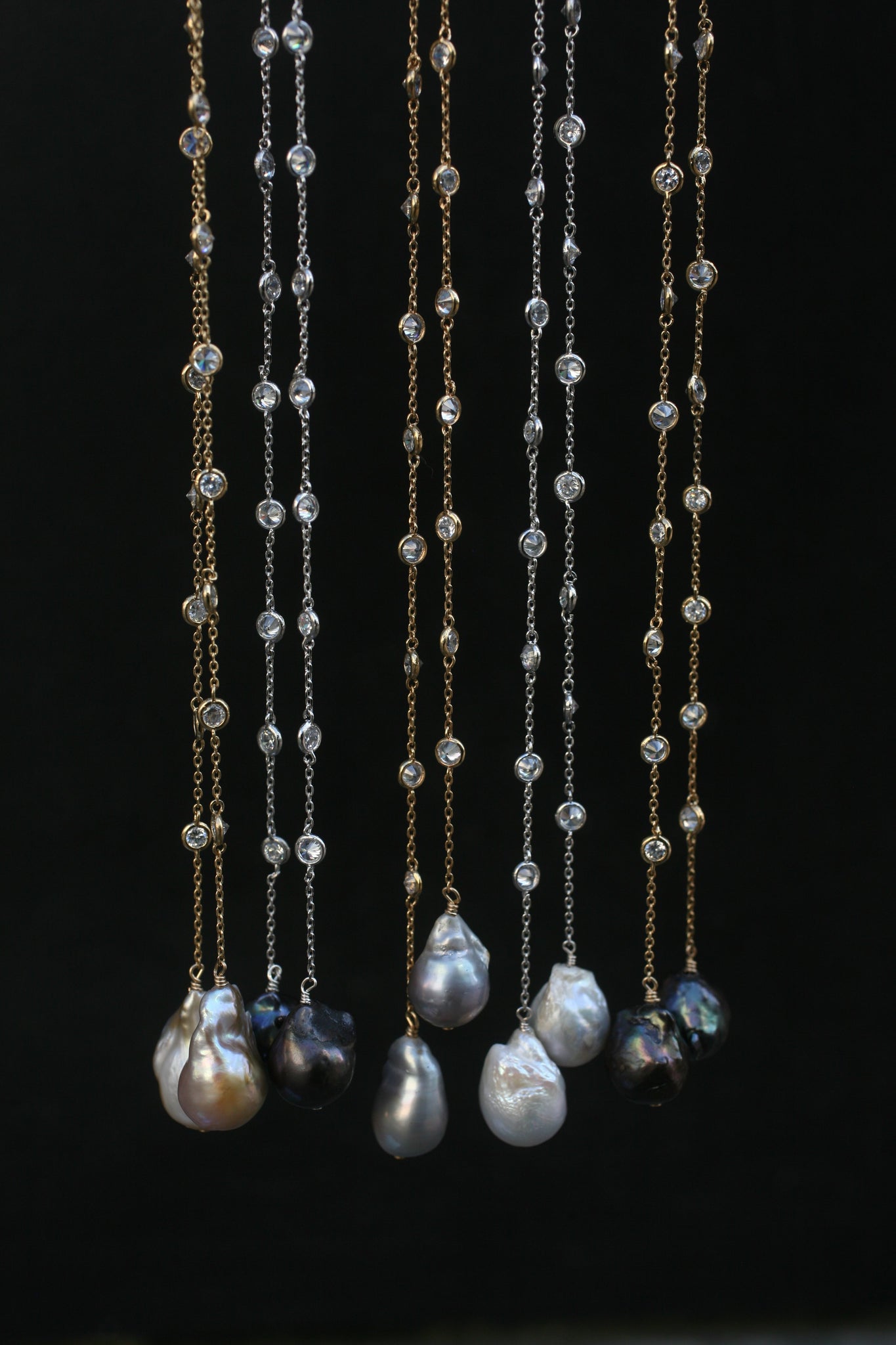 36'' Zirconite by the Yard finished with two extra large genuine Baroque Fresh Water Pearls Necklace lariat