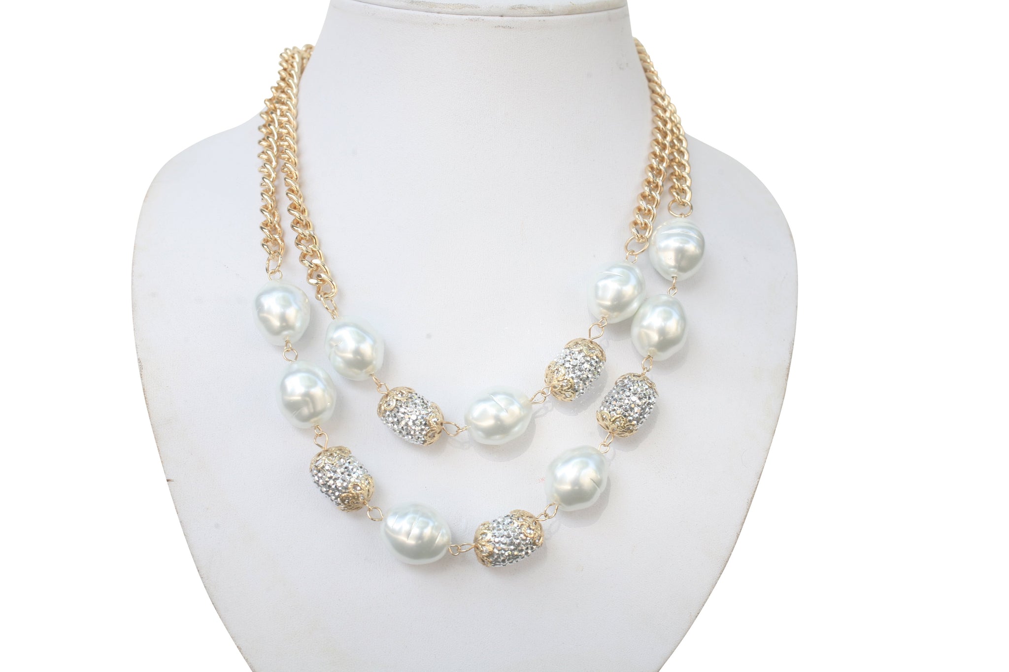Necklace Double gold chain  with oval pearls  661N-994X2
