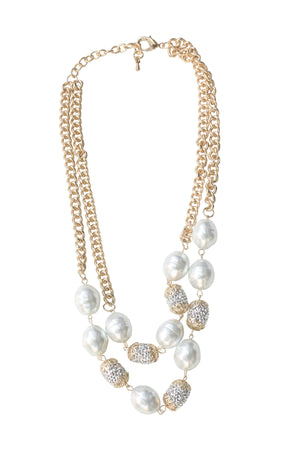 Necklace Double gold chain  with oval pearls  661N-994X2