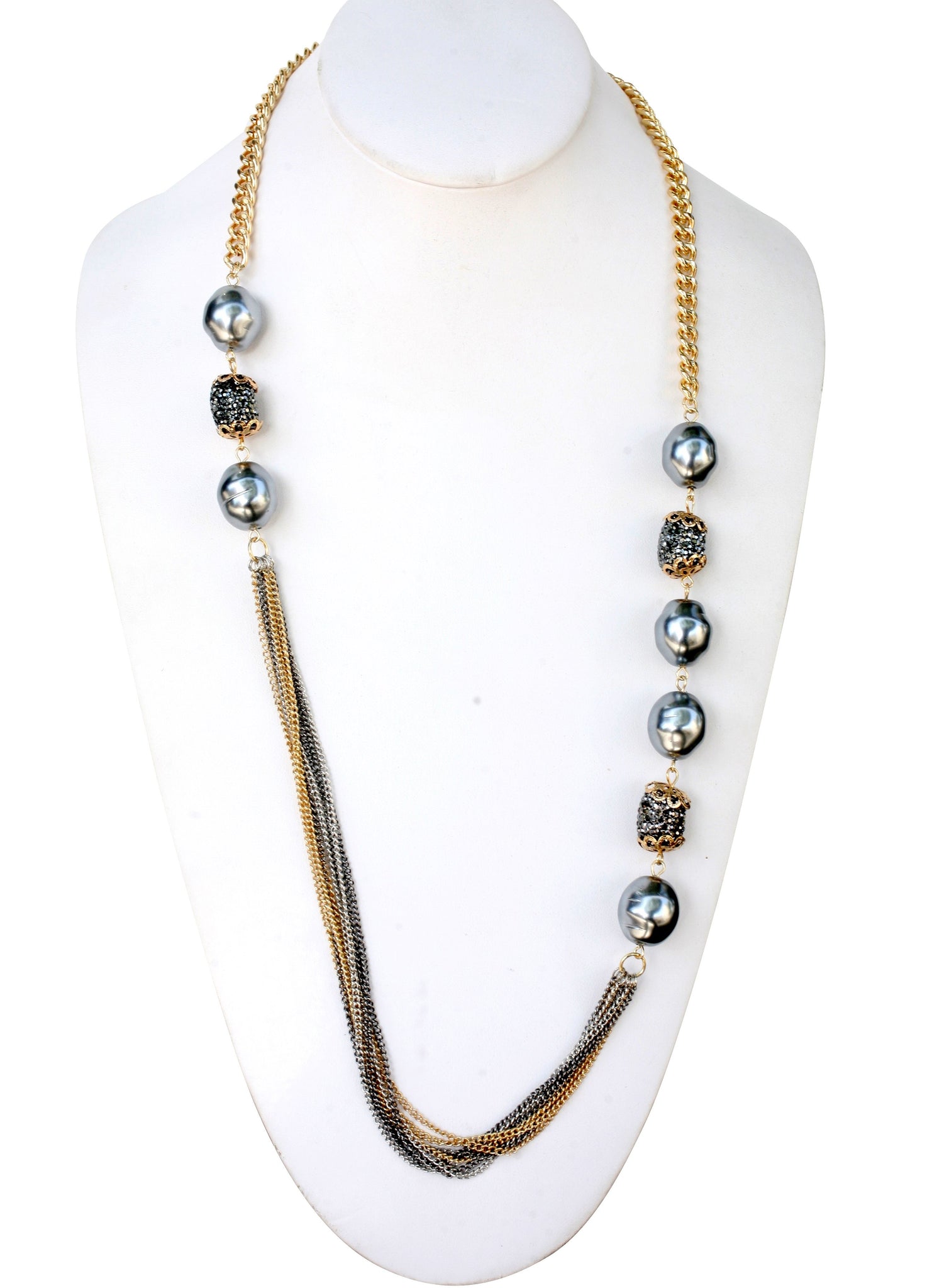 Three tone multi strand 36" chain necklace with oval pearls and barrel fireball crystal embellished stations 661N-994