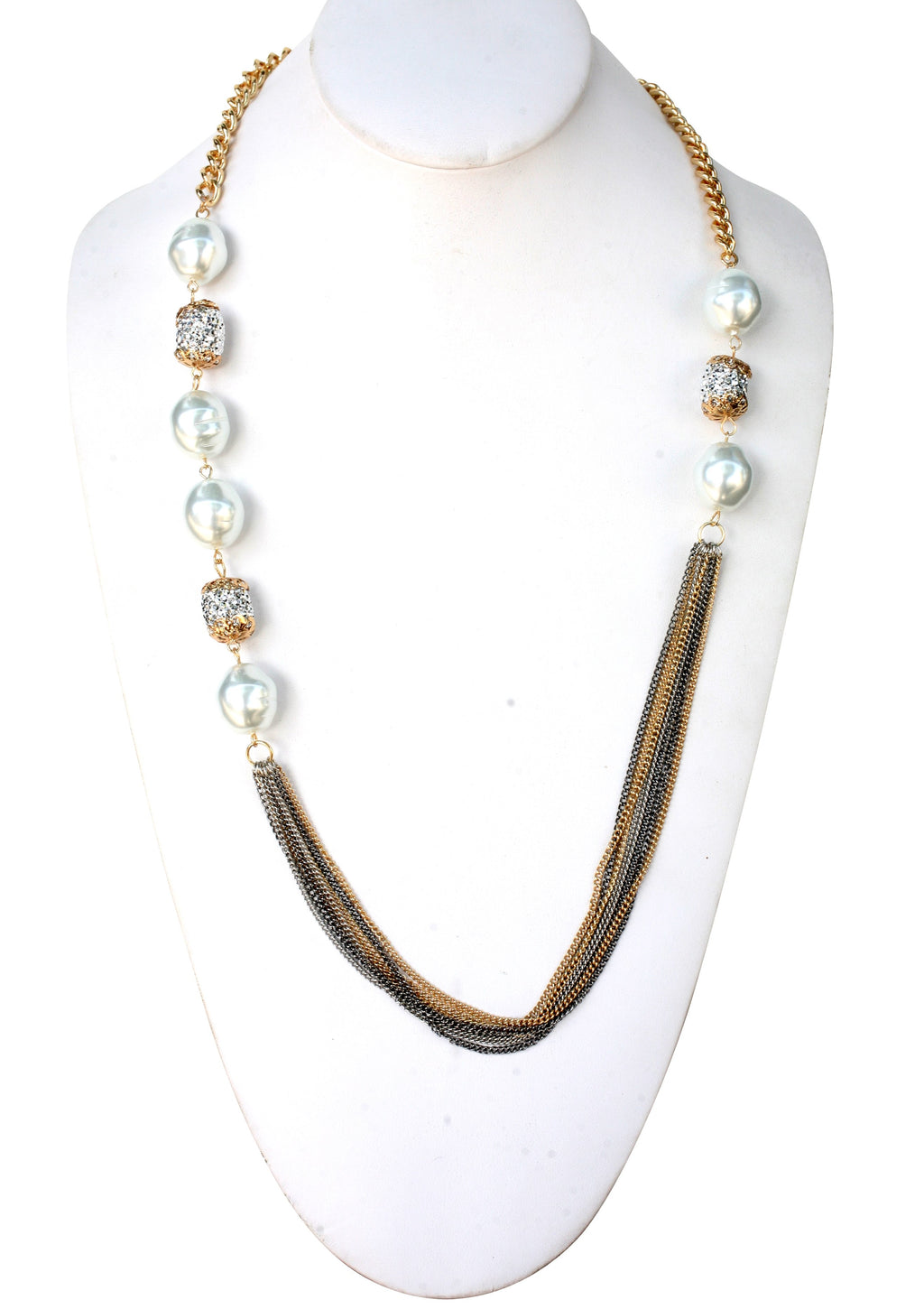 Three tone multi strand 36" chain necklace with oval pearls and barrel fireball crystal embellished stations 661N-994
