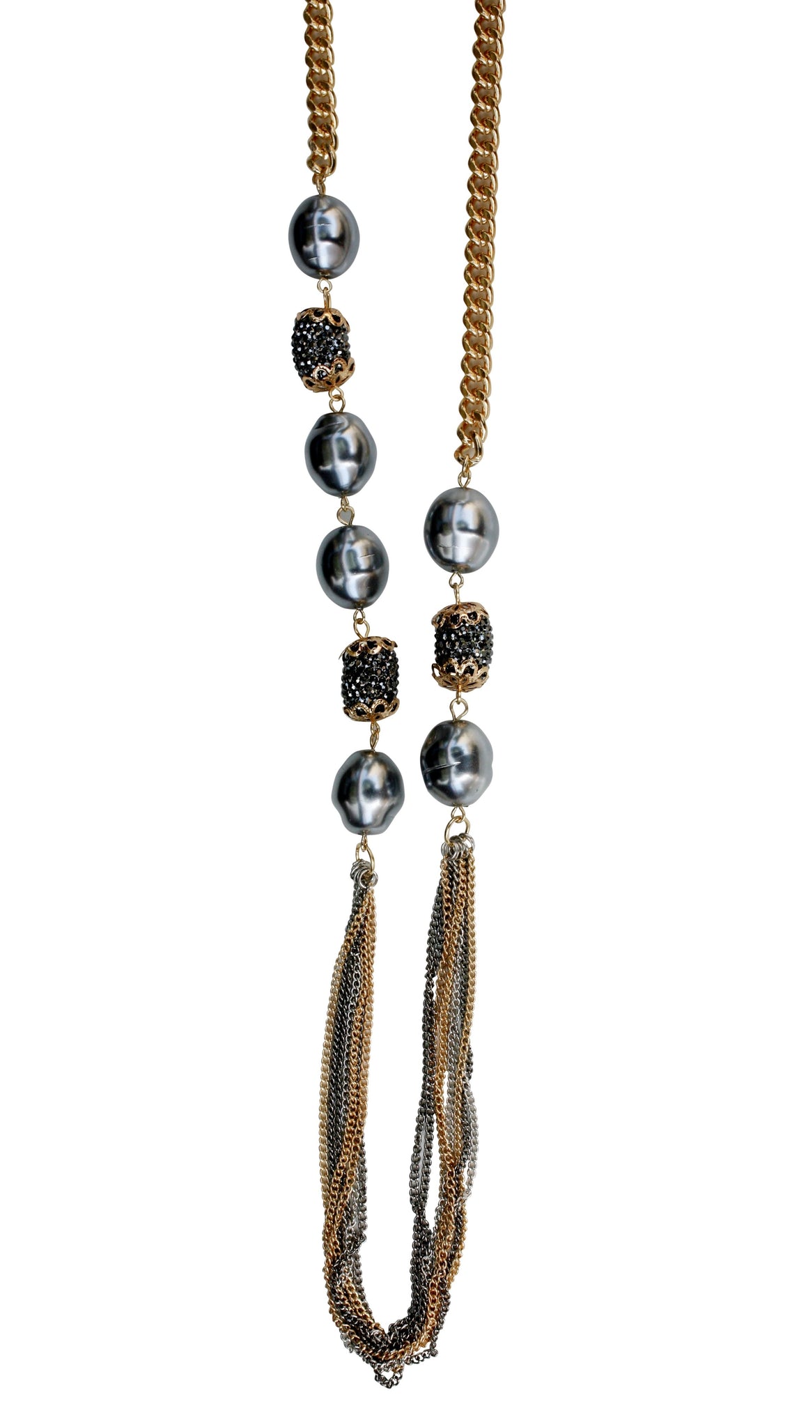 Three tone multi strand 36" chain necklace with oval pearls and barrel fireball crystal embellished stations 661N-994