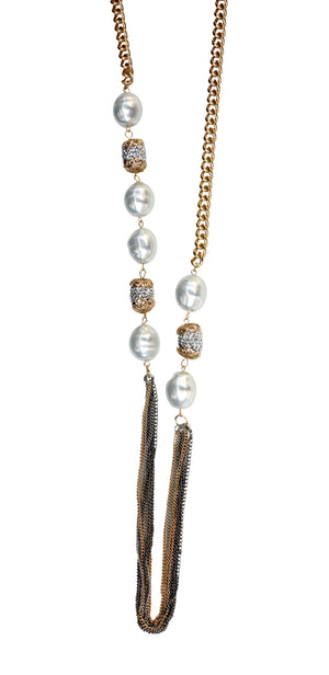 Three tone multi strand 36" chain necklace with oval pearls and barrel fireball crystal embellished stations 661N-994