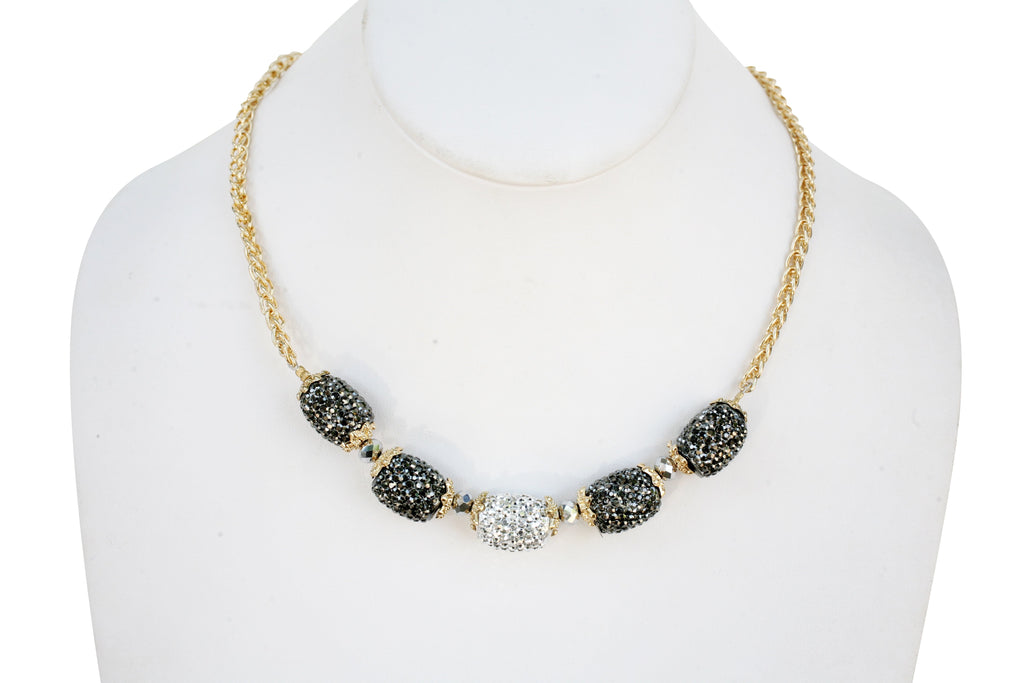 Gold chain necklace with black diamond crystal studded barrel shape stations 661N-1000