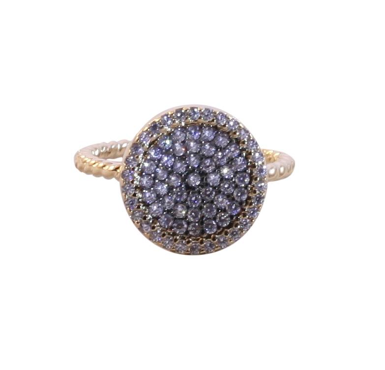 Decadent gold electroplated ring with a twisted rope band with hematite pave disc shape 638R-2309
