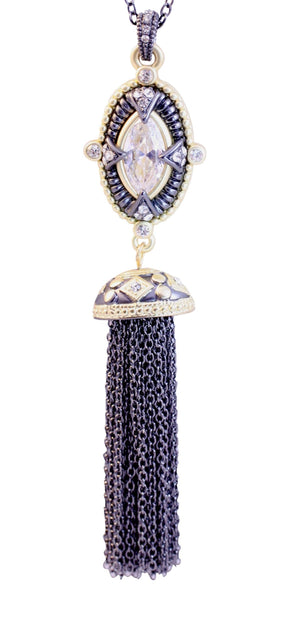 pendant 30'' tassel  in hematite and satin gold featuring an  oval crystal stone 500P2506