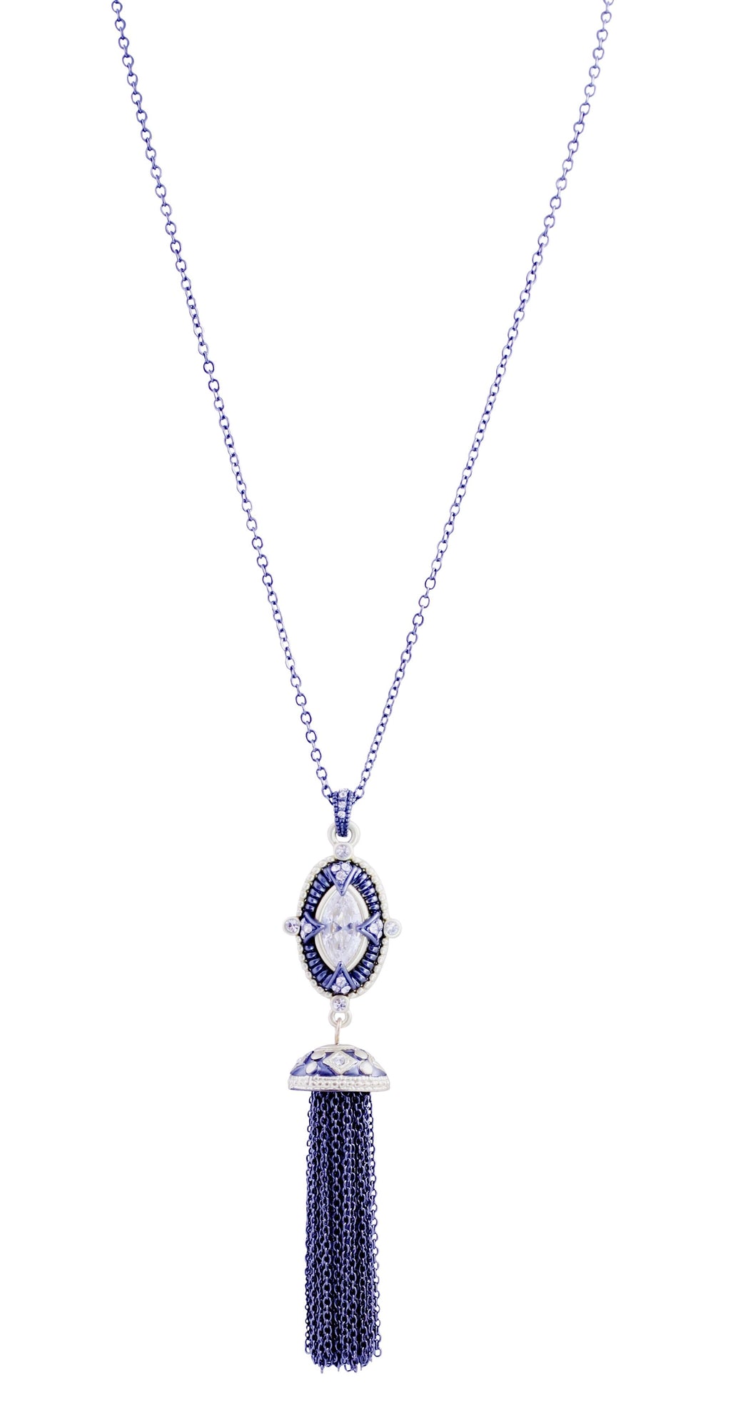 pendant 30'' tassel  in hematite and satin gold featuring an  oval crystal stone 500P2506