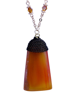 Gold and Hematite Multi Chain bead station necklace set with a dangling agate natural stone dyed pendant 687S6025