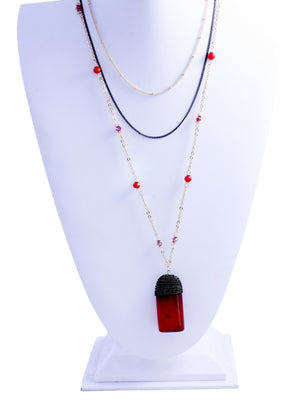 Gold and Hematite Multi Chain bead station necklace set with a dangling agate natural stone dyed pendant 687S6025