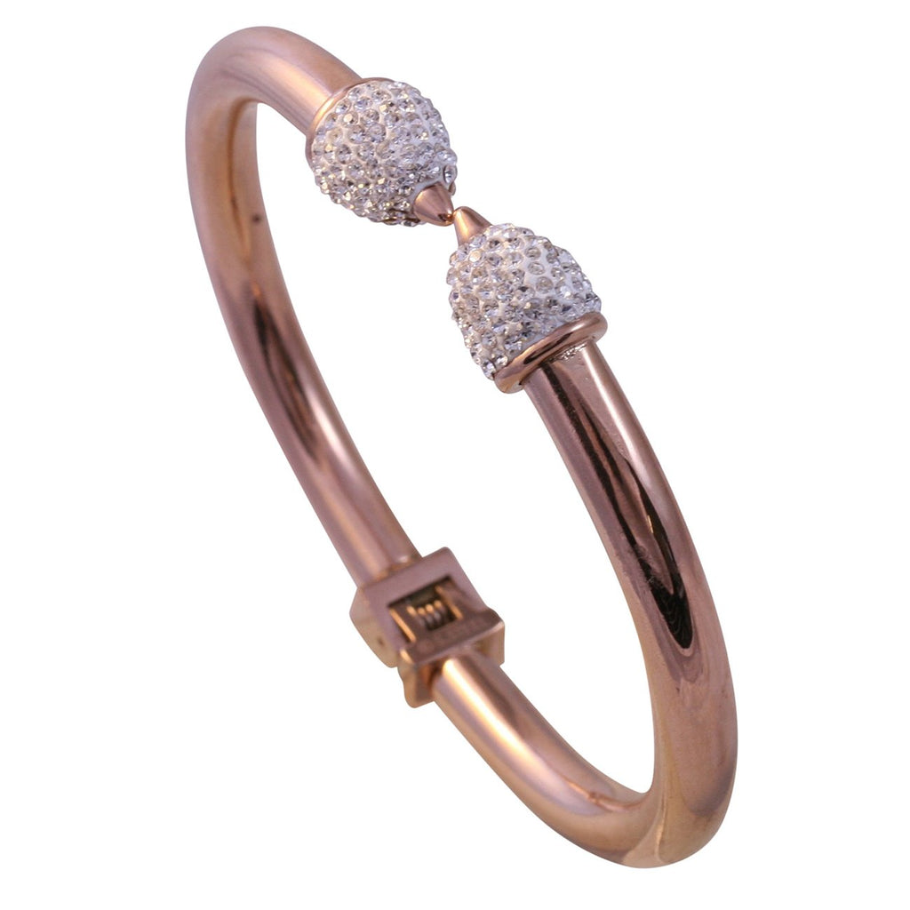 The zirconmania Bracelet Rose Gold Classic Stainless Steel Bangle 655B1109RG features a rounded profile, hinge clasp, and ends adorned with sparkling crystals—a chic accessory for any occasion.