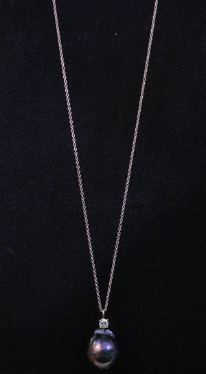 Necklace Pendant Large Genuine Baroque Fresh water Pearl on 30'' Sterling Silver chain . LNK30P